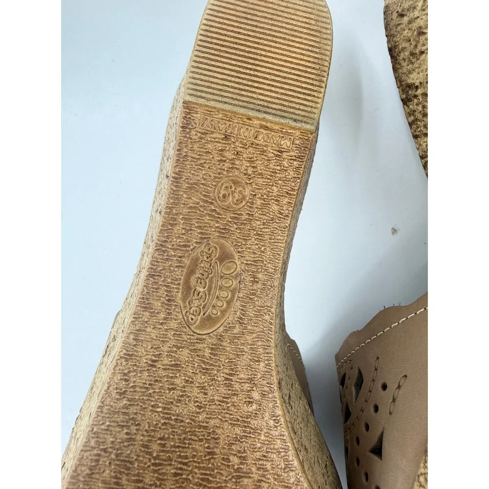 Spring Step Estella Cork Wedge Sandals Women 39/8.5 Tan Laser Cut Leather Italy